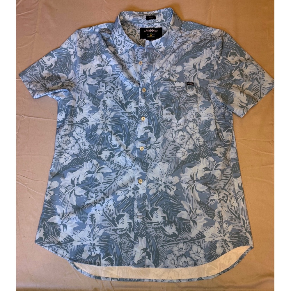 Chubbies Friday Shirt Mens Medium Blue‎ Floral Tropical Stretch Short Sleeve